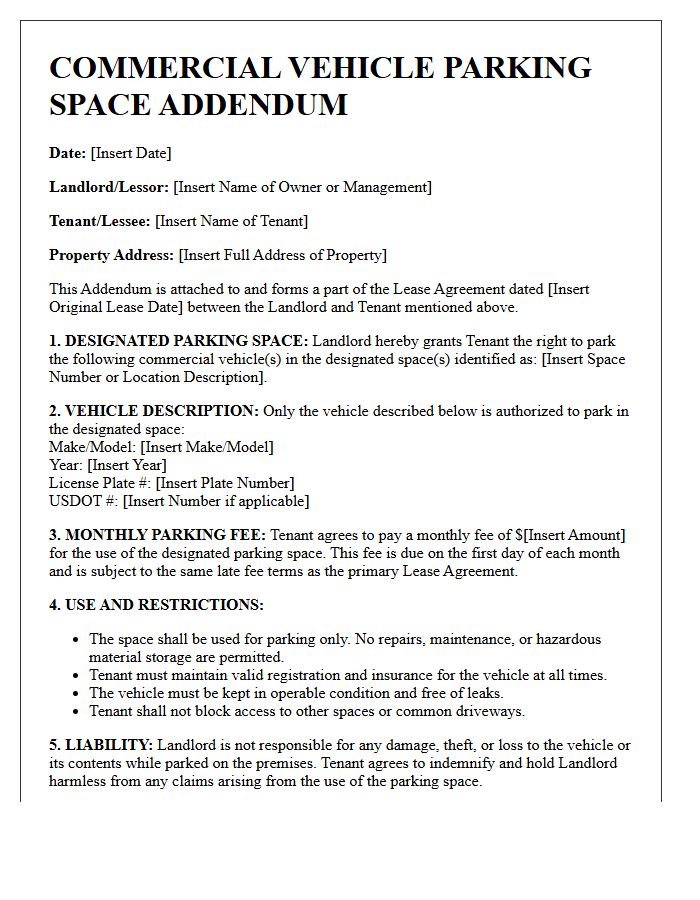 Commercial Vehicle Parking Space Addendum Letter