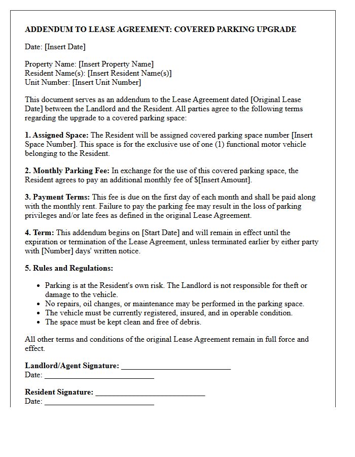 Covered Parking Space Upgrade Lease Addendum Letter