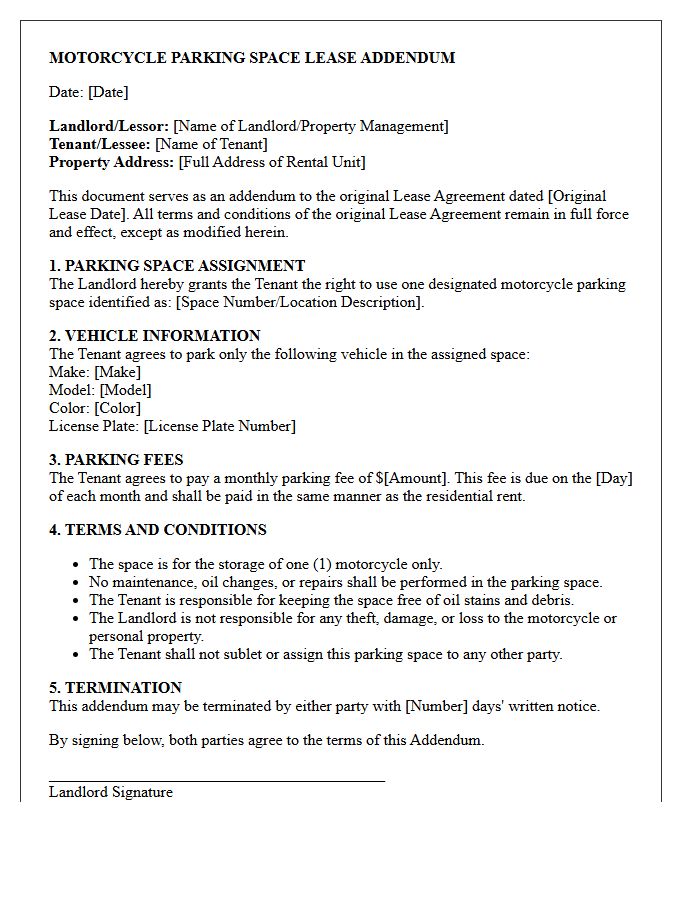 Motorcycle Parking Space Lease Addendum Letter