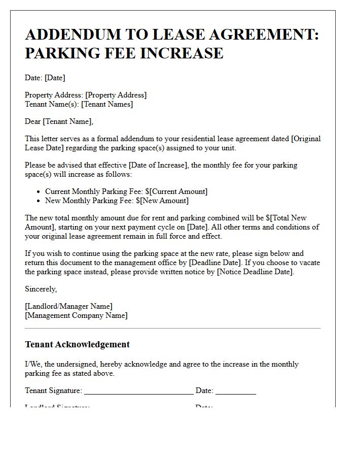 Parking Space Fee Increase Addendum Letter