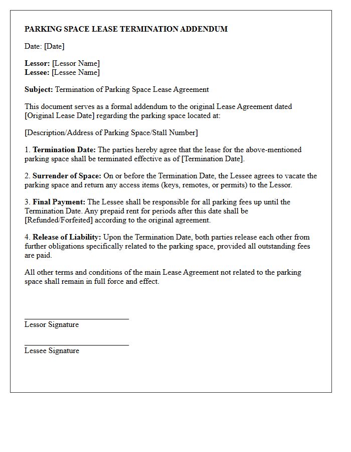 Parking Space Lease Termination Addendum Letter