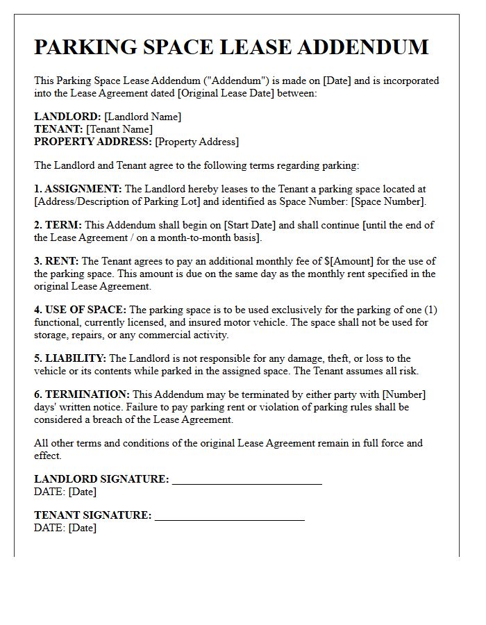 Standard Parking Space Lease Addendum Letter