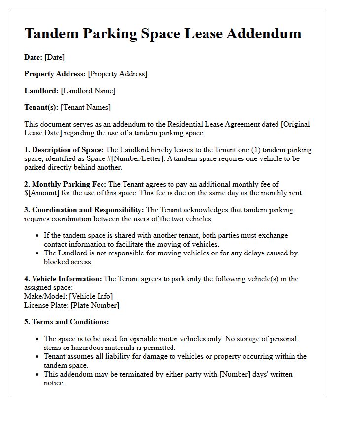 Tandem Parking Space Lease Addendum Letter