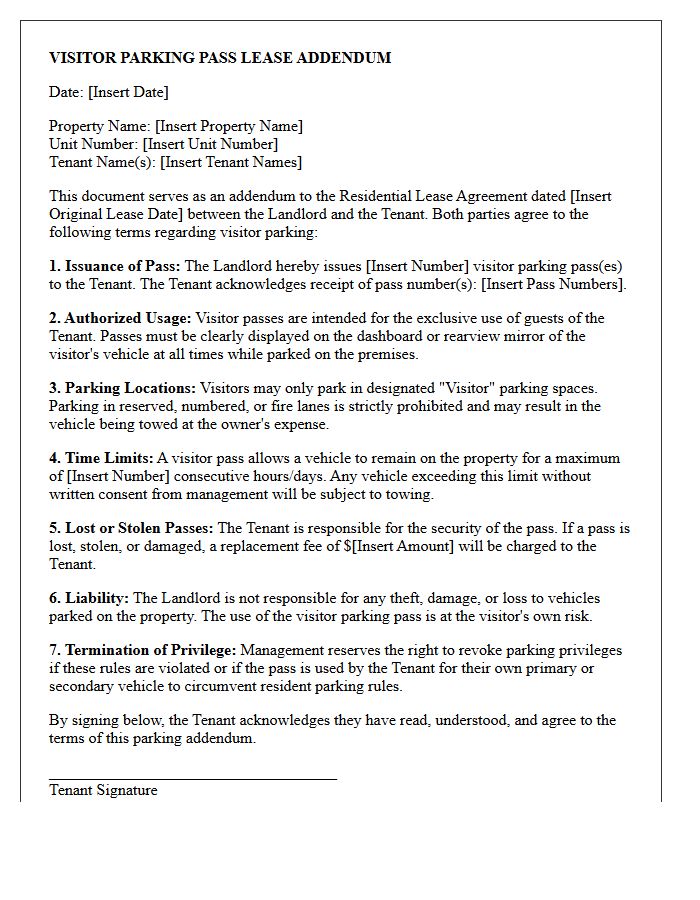 Visitor Parking Pass Lease Addendum Letter