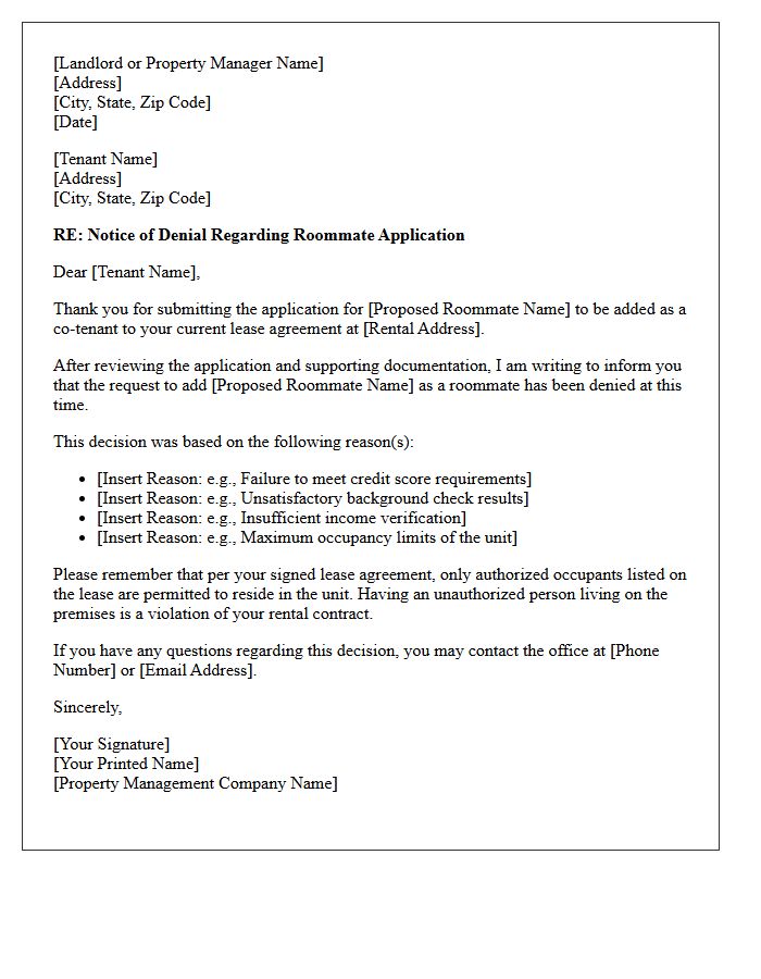 Denial of Roommate Addition Letter