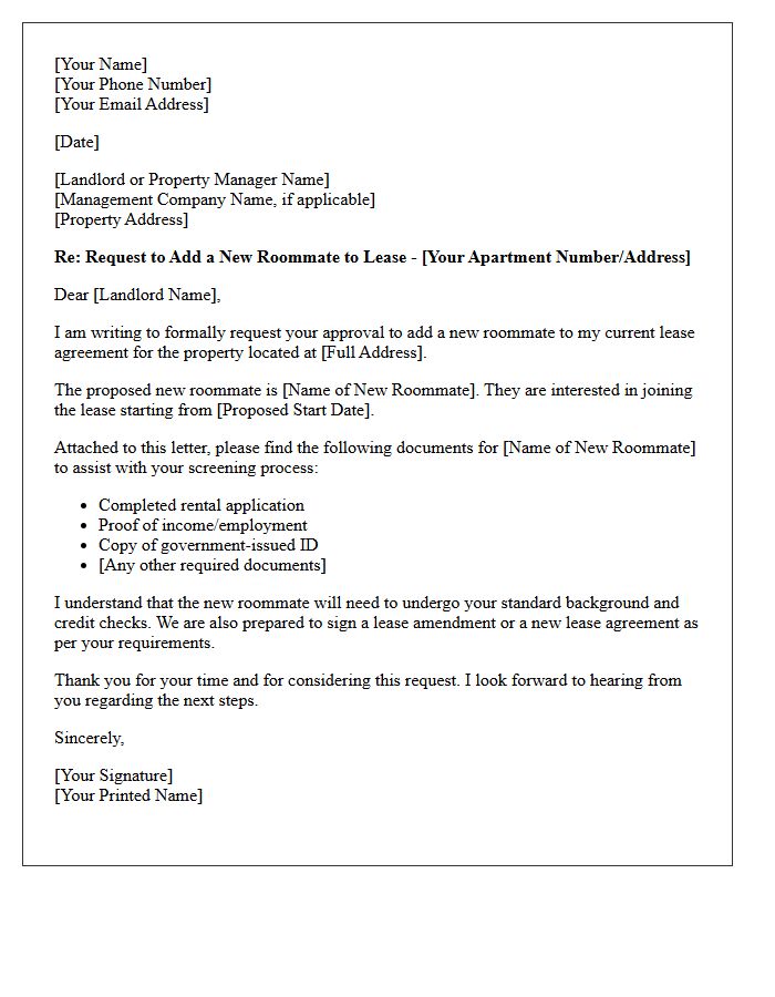 New Roommate Addition Application Letter