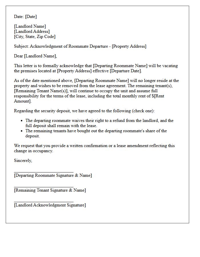 Landlord Acknowledgment Of Roommate Departure Letter
