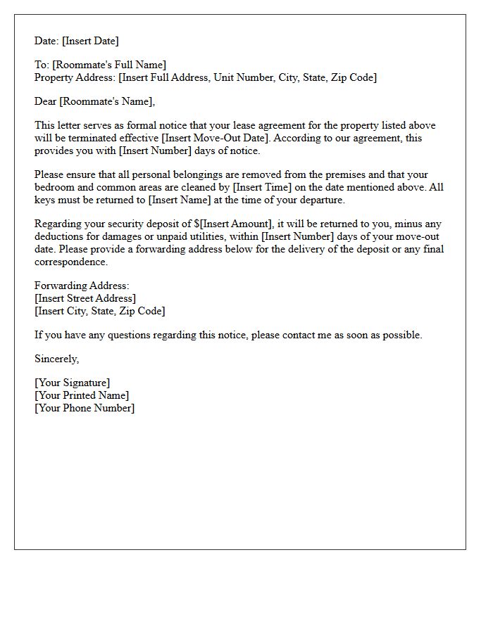 Notice Of Lease Termination To Departing Roommate Letter