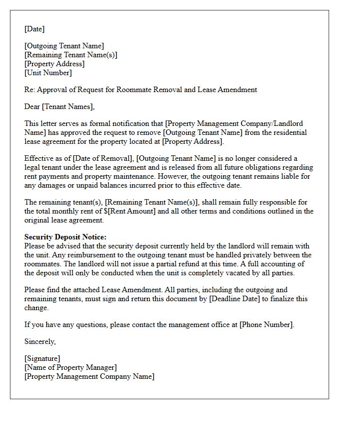 Property Management Approval Of Roommate Removal Letter