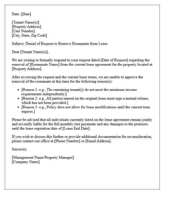 Property Management Denial Of Roommate Removal Letter