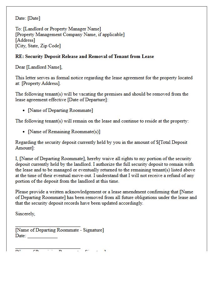 Security Deposit Release And Roommate Removal Letter