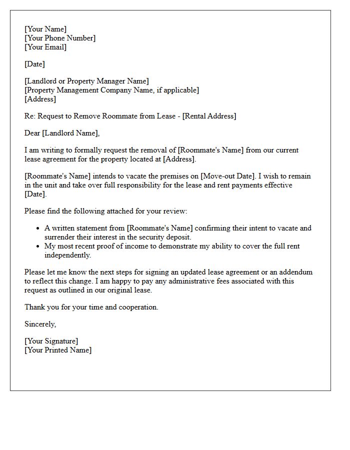 Tenant Request For Roommate Removal Letter