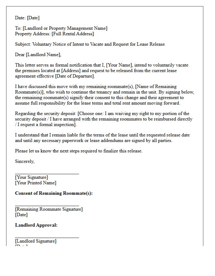 Voluntary Roommate Lease Release Letter