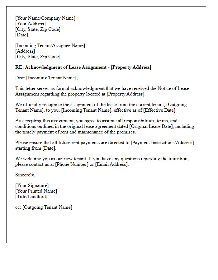 Acknowledgment Of Lease Assignment Notice Letter