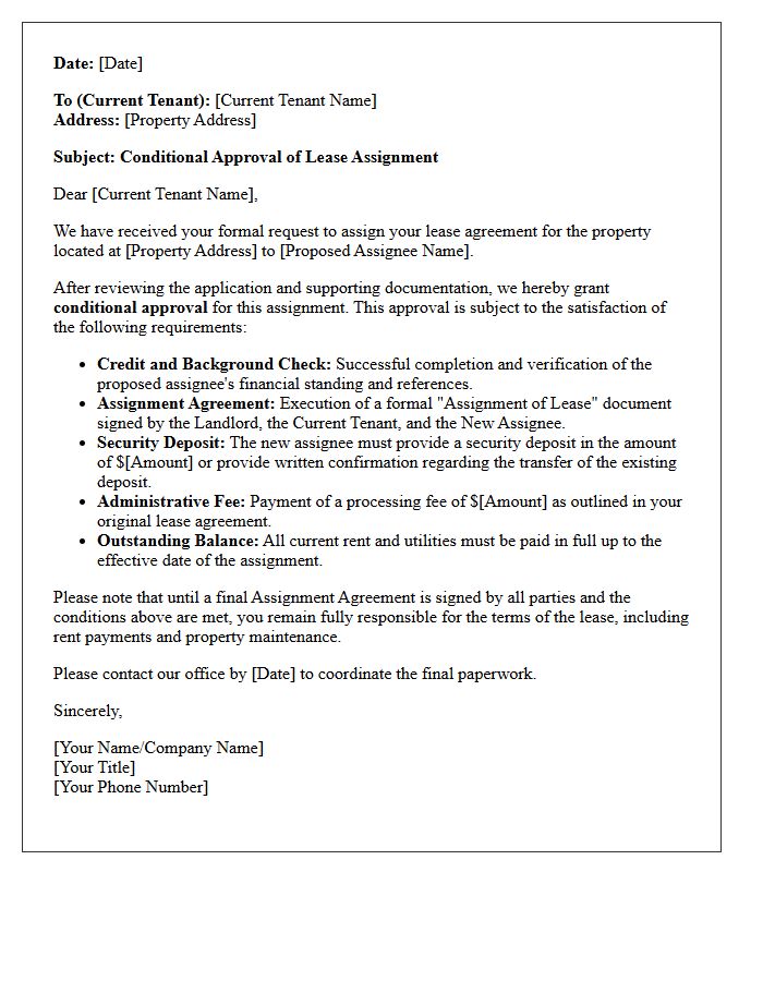 Conditional Approval Of Lease Assignment Letter