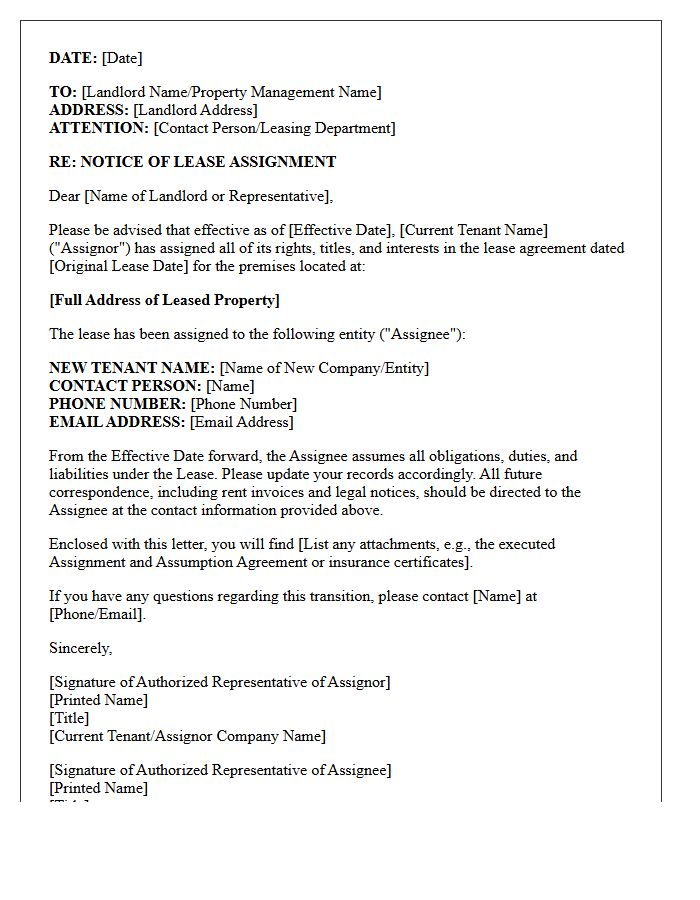 Corporate Office Notice Of Lease Assignment Letter