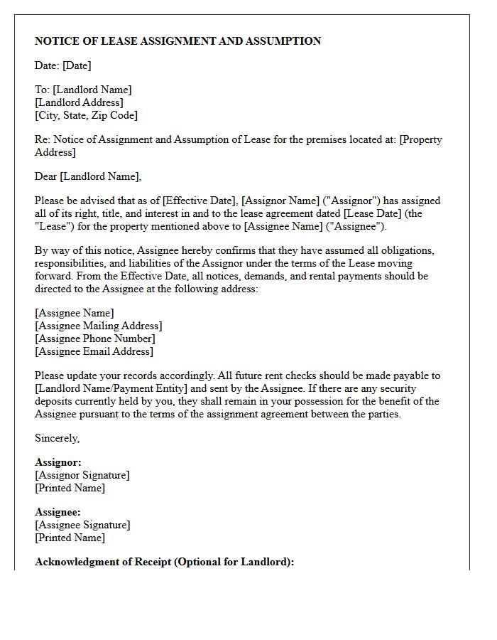 Notice Of Lease Assignment And Assumption Letter