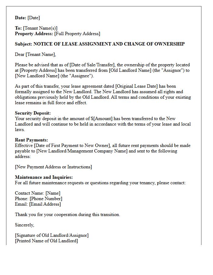 Residential Tenant Notice Of Lease Assignment Letter