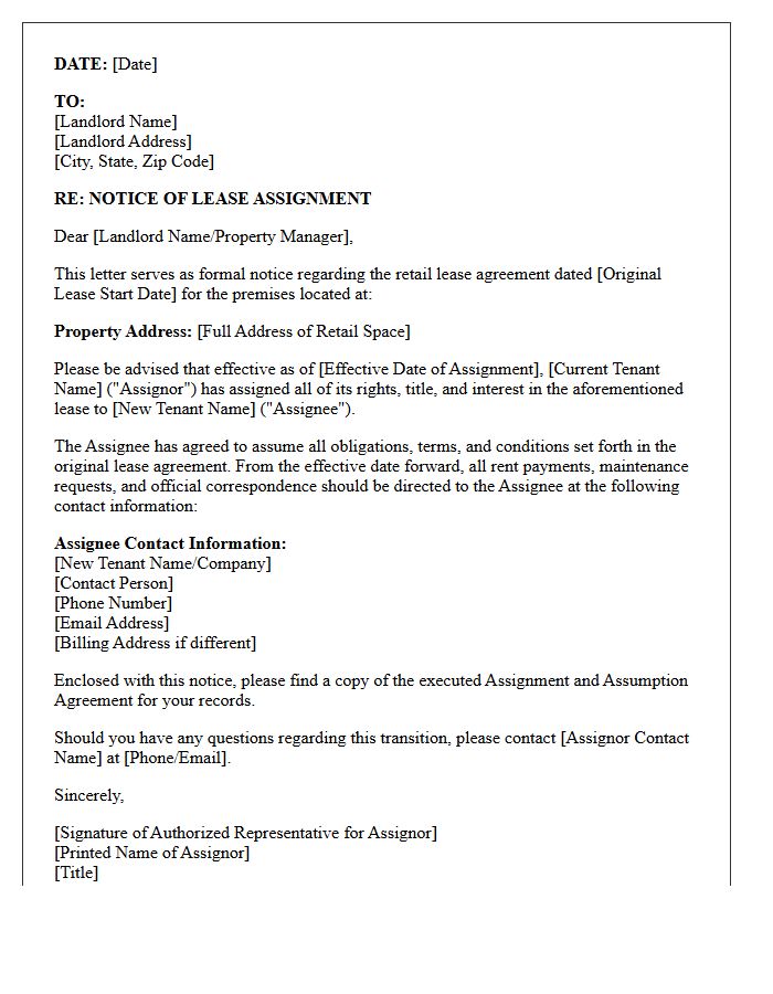 Retail Space Notice Of Lease Assignment Letter