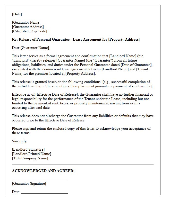 Commercial Property Release Of Guarantor From Lease Agreement Letter