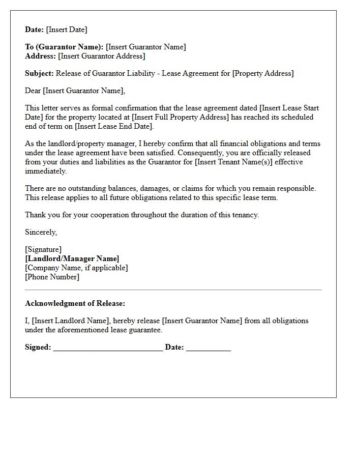 End Of Term Release Of Guarantor From Lease Agreement Letter