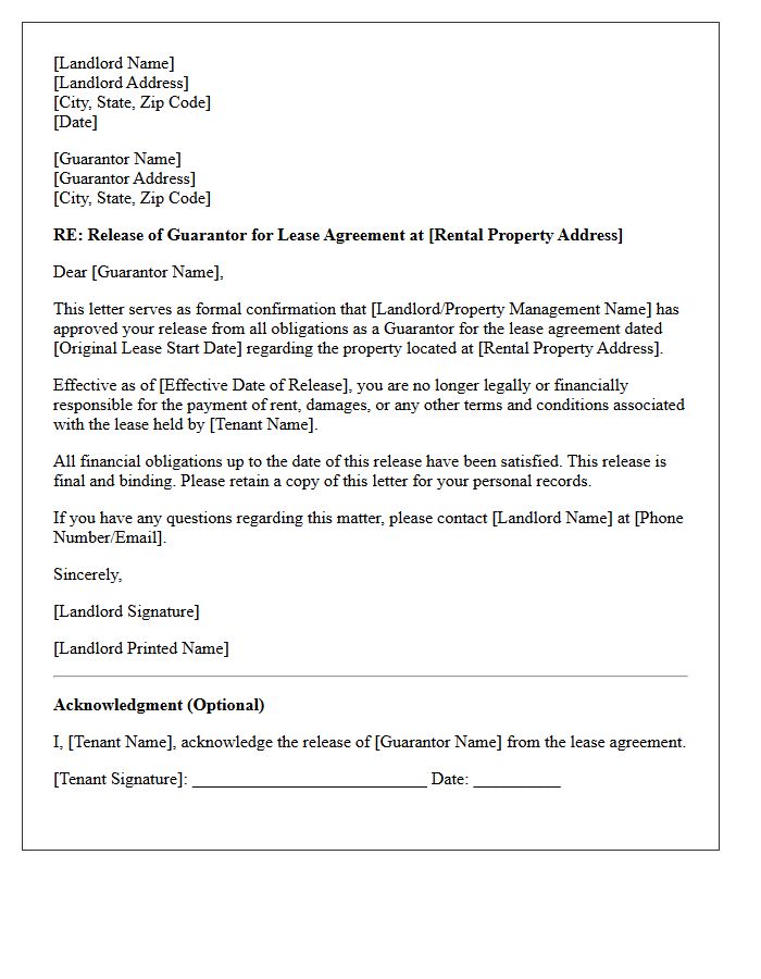 Landlord Approved Release Of Guarantor From Lease Letter