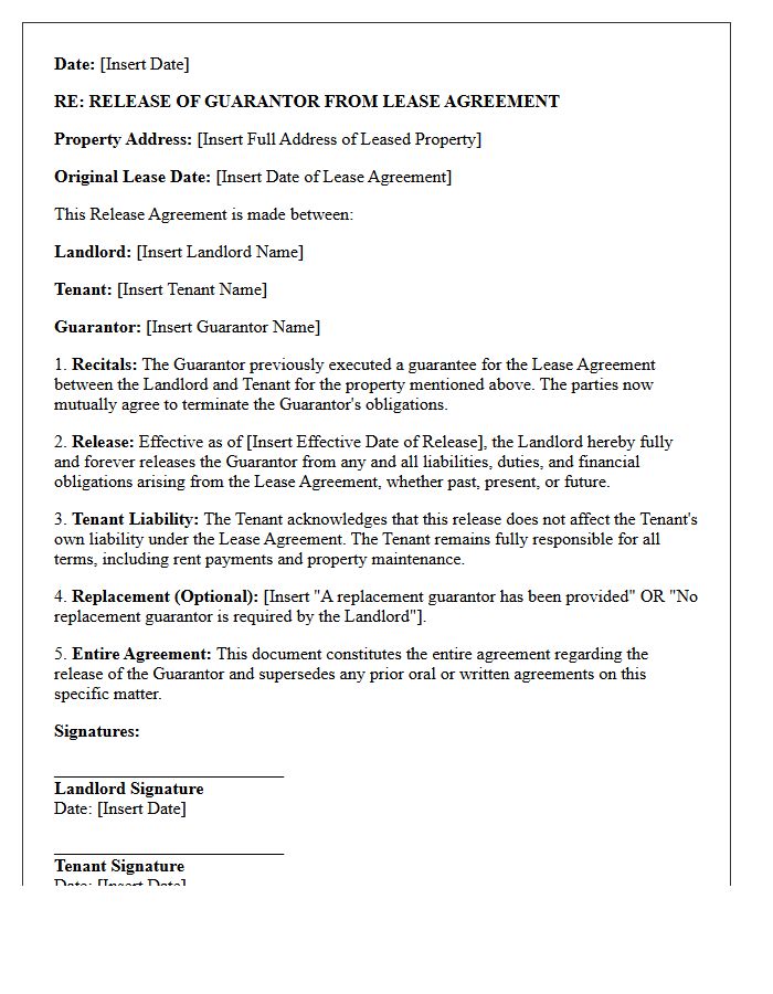 Mutual Consent Release Of Guarantor From Lease Agreement Letter