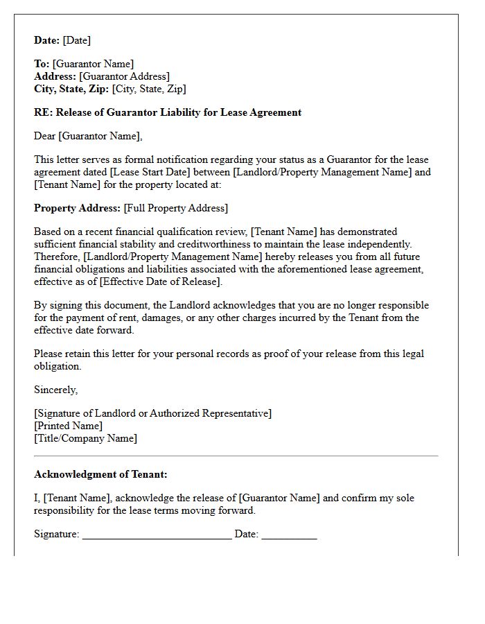 Tenant Financial Qualification Release Of Guarantor Letter