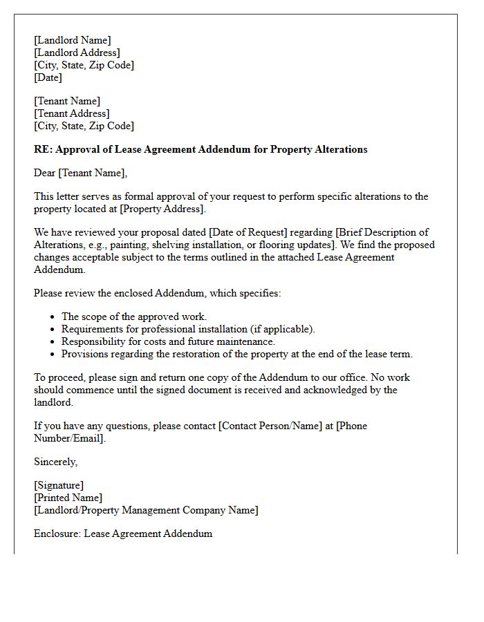 Approval Of Lease Agreement Addendum For Property Alterations Letter