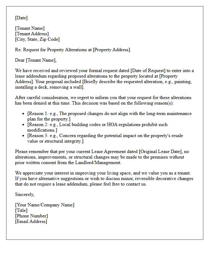 Denial Of Lease Agreement Addendum For Property Alterations Letter