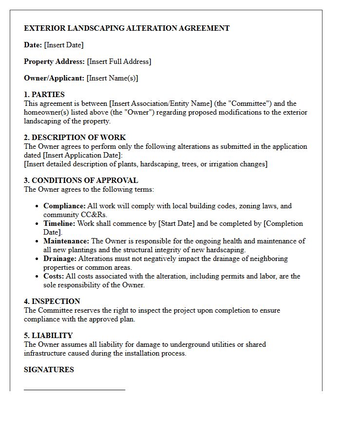 Exterior Landscaping Alteration Agreement Letter