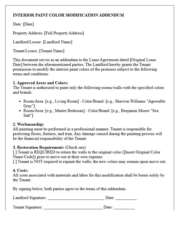 Interior Paint Color Modification Addendum Letter