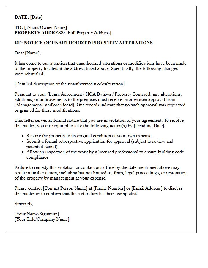 Notice Of Unauthorized Property Alterations Violation Letter