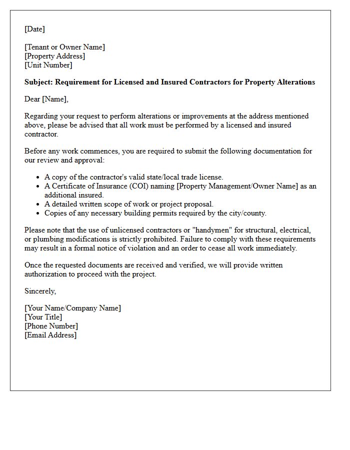 Requirement For Licensed Contractor Property Alterations Letter