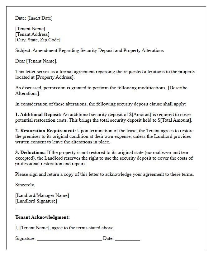 Security Deposit Clause For Property Alterations Letter