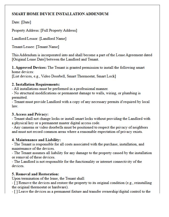 Smart Home Device Installation Addendum Letter