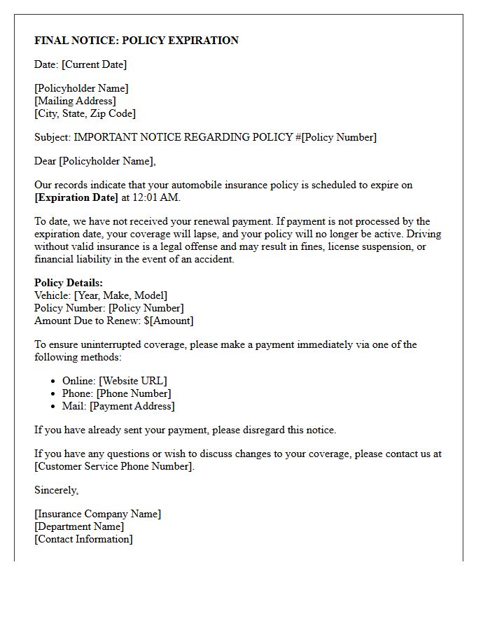 Auto Insurance Final Notice Policy Expiration Letter
