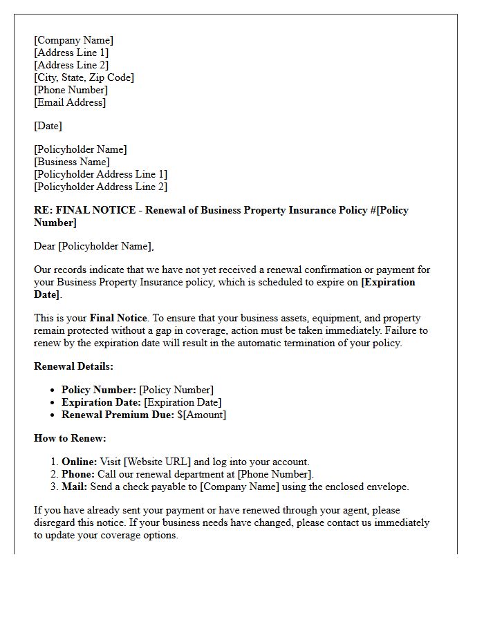 Business Property Insurance Policy Renewal Final Notice Letter