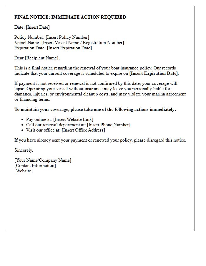 Final Notice Letter for Boat Insurance Renewal Alert