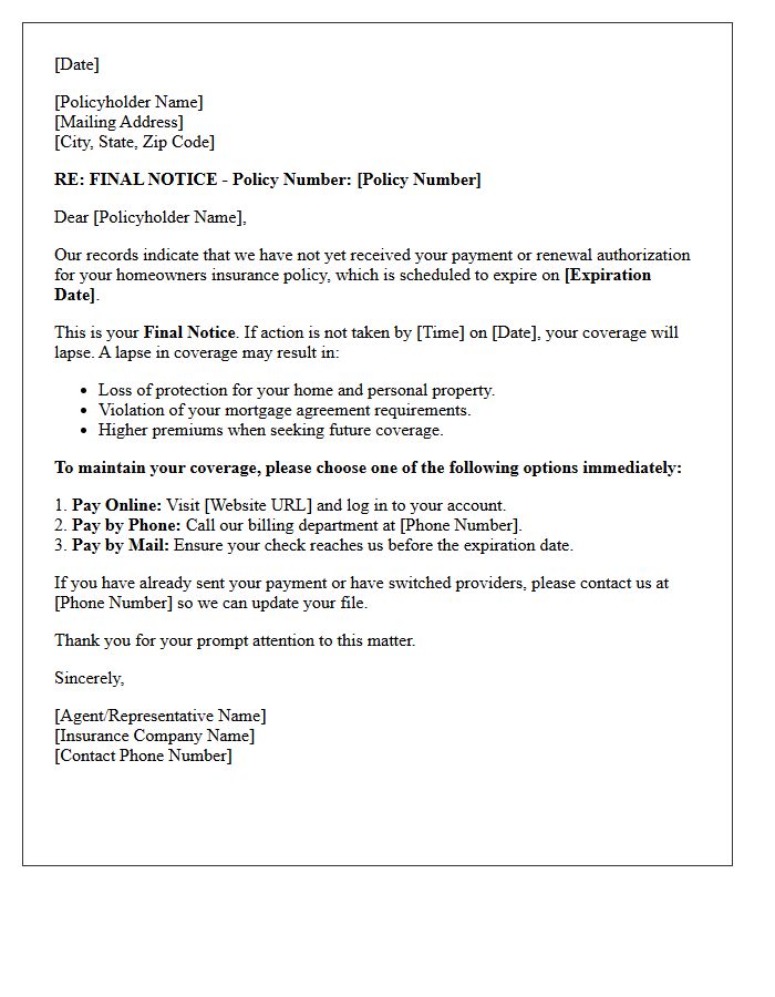 Homeowners Insurance Renewal Alert Final Notice Letter