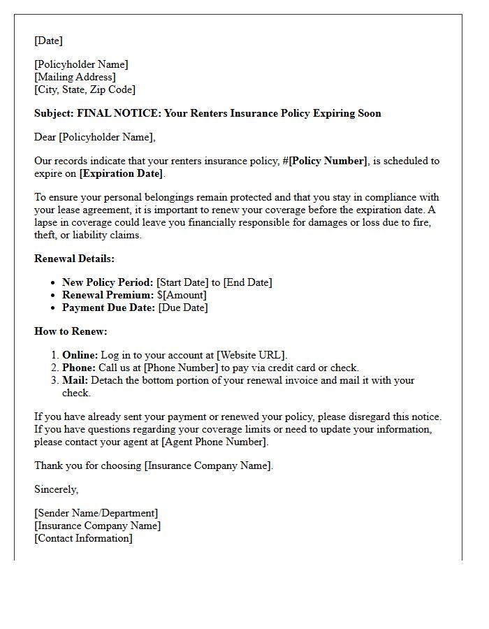 Renters Insurance Final Expiration and Renewal Alert Letter