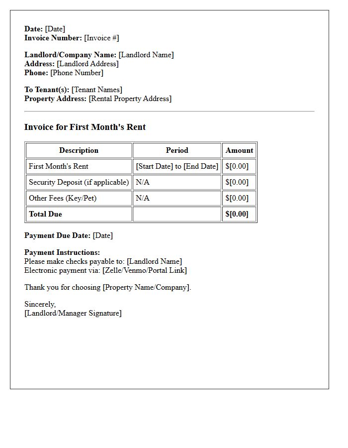 First Month Rent Payment Invoice Letter