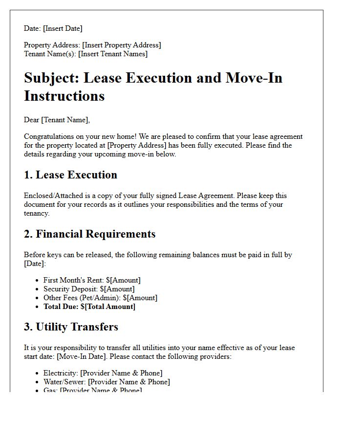 Move-In Instruction And Lease Execution Letter