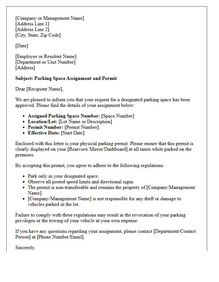 Parking Space Assignment And Permit Letter