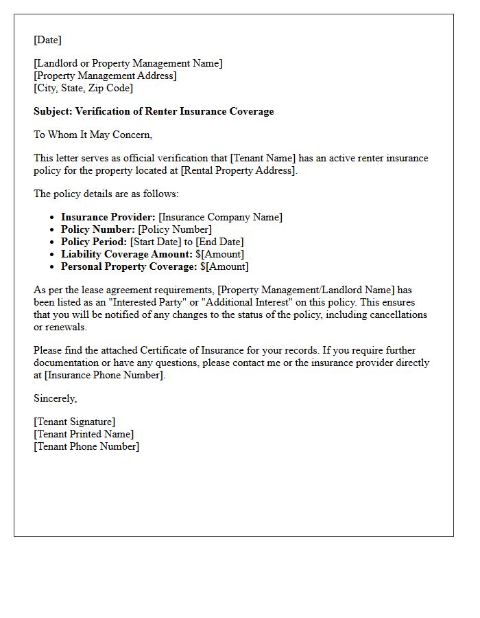 Renter Insurance Policy Verification Letter