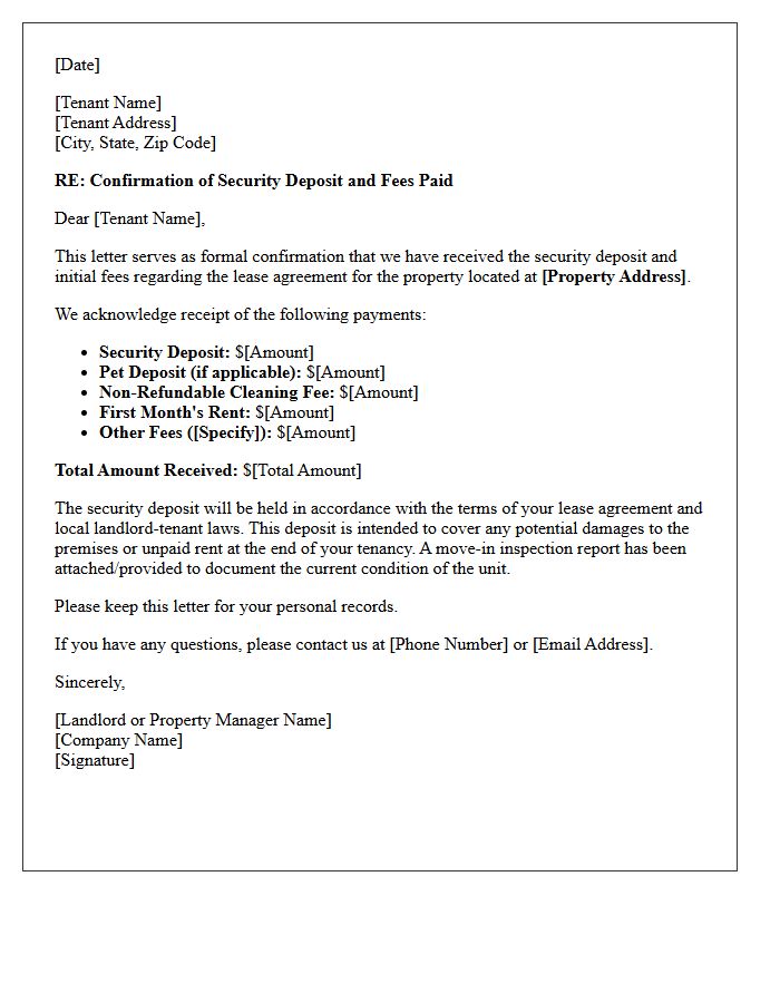 Security Deposit And Fee Confirmation Letter