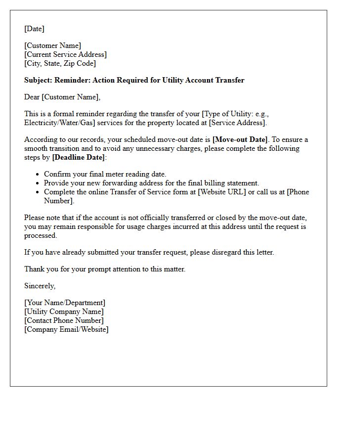 Utility Account Transfer Reminder Letter