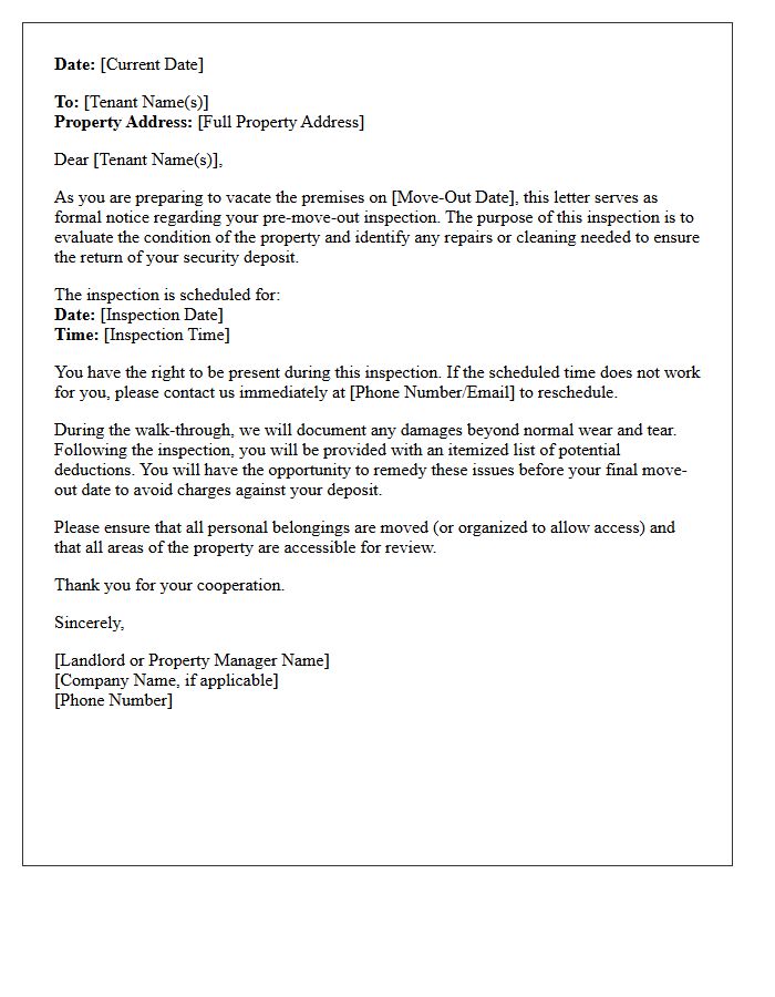Pre-Move-Out Property Inspection Notice Letter