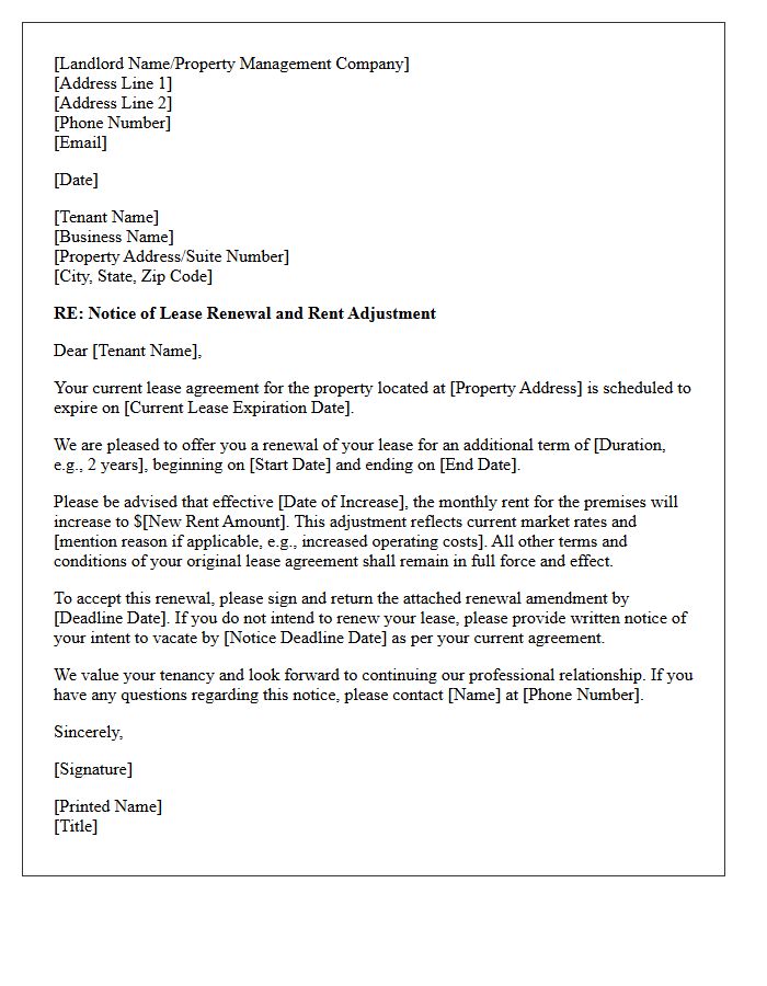 Commercial Property Lease Renewal and Rent Increase Letter