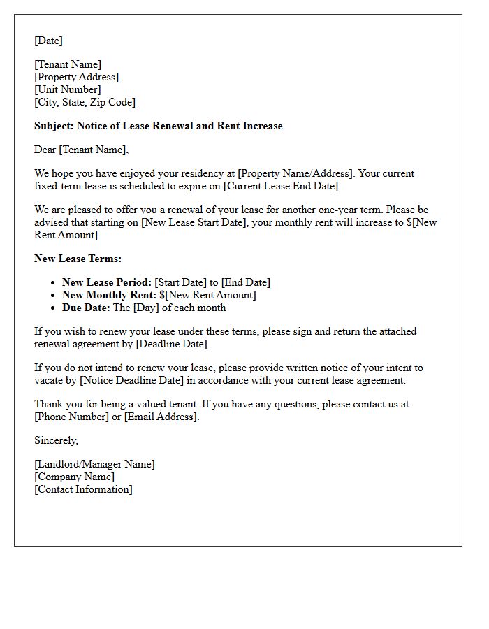 Fixed-Term Annual Lease Renewal with Rent Increase Letter